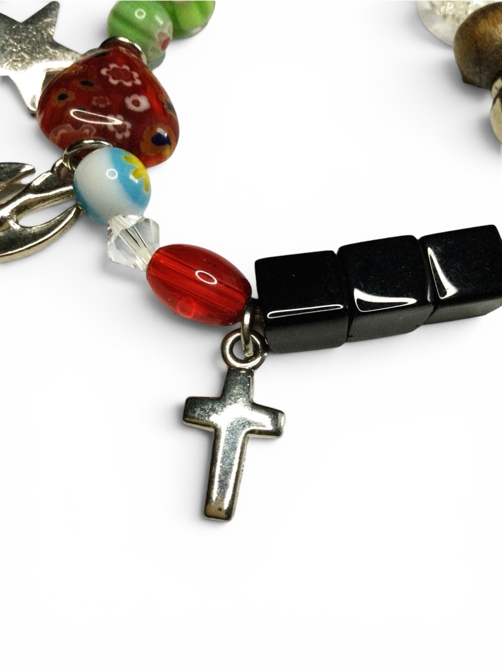 Vtg Artisan Christmas Stretch Bracelet – Mixed Beads with Star Cross Dove Charms - Picture 4 of 16